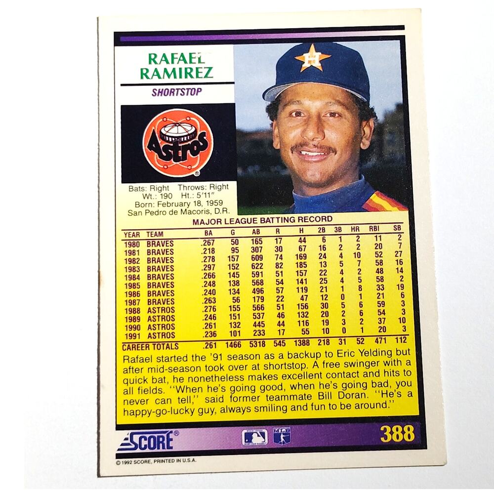 1992 Score Rafael Ramirez #388 Houston Astros Shortstop MLB Baseball NM